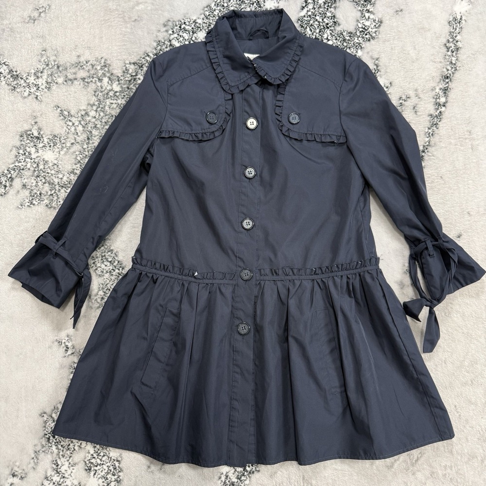Rolando Santana Shirt Dress Womens 6 Navy Ruffle Button Front Pockets Casual
